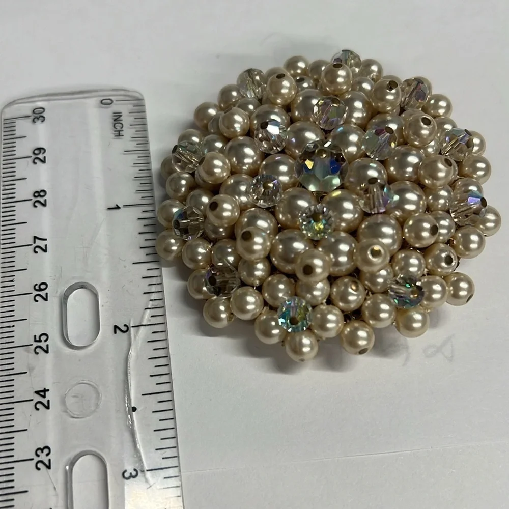 Weiss Attributed Faux Pearl Aurora Borealis Crystal Cluster 2” Pin Brooch